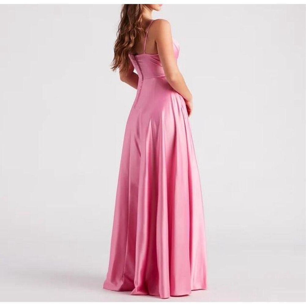 Windsor pink satin finish gown - Gillian Formal Satin A-Line Dress with slit siz - Picture 3 of 5